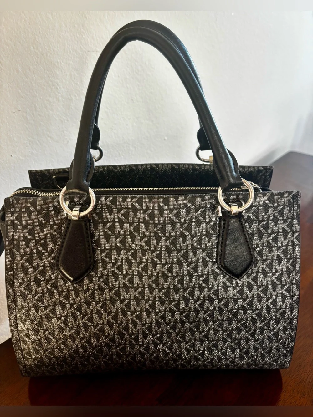 Michael Kors Black and Grey Three Compartment Satchel with Crossbody Strap